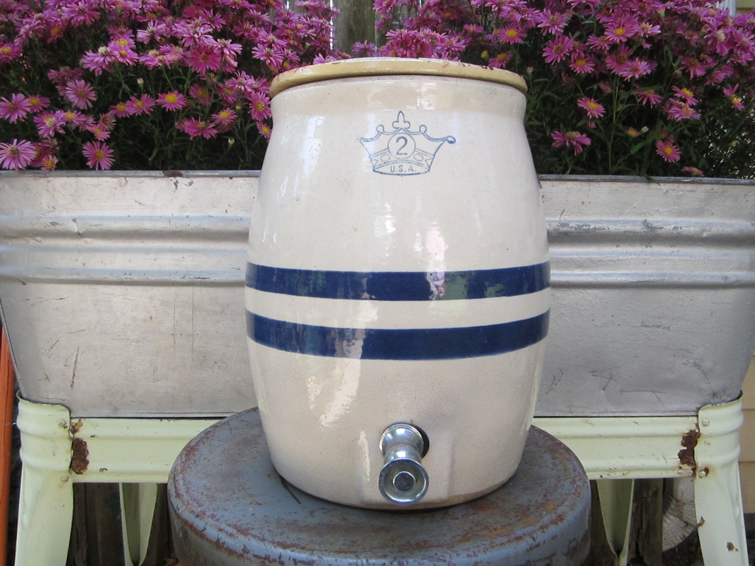 Vintage Blue Crown USA 2 Stoneware Cooler Crock with lid and