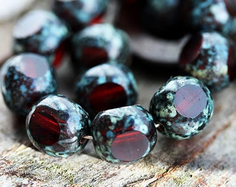 10mm Dark Red beads, Picasso, Czech Glass beads, triangle, fire polished, round beads - 10Pc - 2834