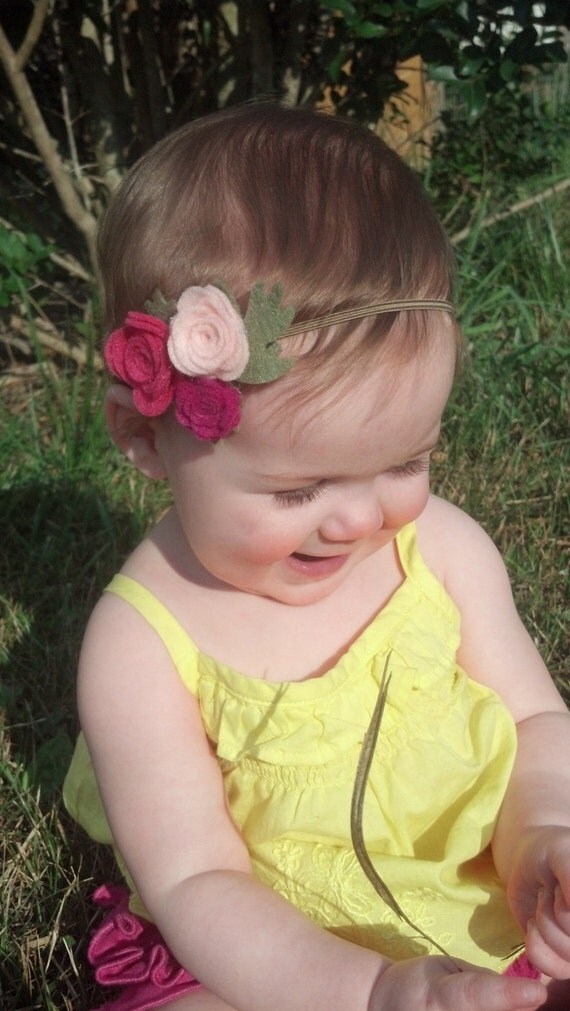 Headband baby newborn rose cluster pink fushia by BloomsbyBecca