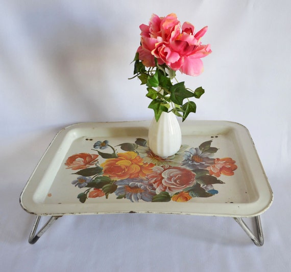 Mid Century Charming Floral Metal Bed Tray......Rustic Worn