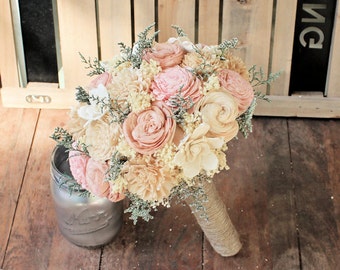 Handmade Alternative Wedding Bouquet - Ivory Blush Nude Bridal Bridesmaid Bouquet, Sola Flower, Natural Bouquet, Keepsake Bouquet