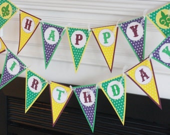 Happy Birthday Pennant Mardi Gras Purple Green Gold Fat Tuesday Fleur de Lis Theme Banner - Ask About Our Party Pack Specials