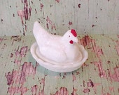 Little 1950's White Milk Glass Chicken Dish with Red Comb