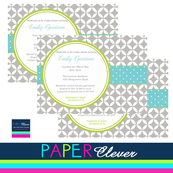 Modern boys baby shower invitation gray & aqua- digital file, printable (#135H) Il_570xn