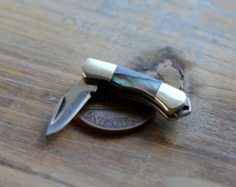 1 - Miniature Pocket Knife Charm Folding Knife 1" Sharp Steel Blade ABALONE Handle Vintage Style Pendant Charm Jewelry Supplies (V004)