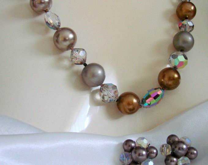 Aurora Borealis Glass Bead Necklace & Earrings / 50s / 60s / Ash Grey / Beaver Beige / Amber / Vintage Jewelry / Jewellery