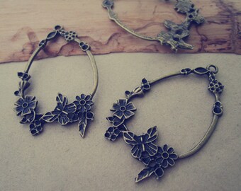 8pcs Antique Bronze Flower with Butterfly pendant charm 34mmx55mm