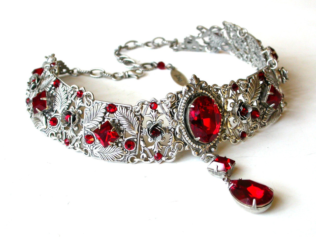 Red Gothic Choker Victorian Swarovski Bridal Silver Choker