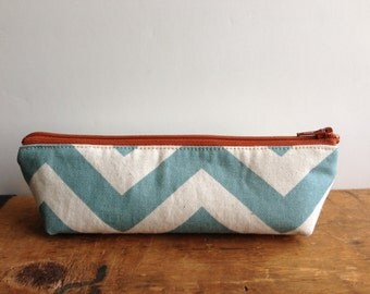 Pencil Case, Aqua Blue Chevron Triangle, Zipper Pencil Pouch, Orange Zipper