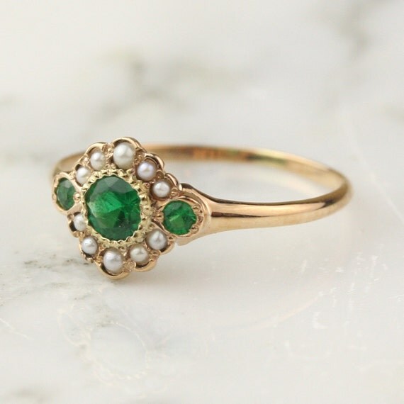 Antique Emerald Pearl Halo Ring in 14k Rose Gold