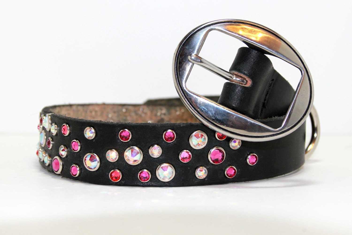 Pink and Black Leather Dog Collar with Swarovski Crystals Pink