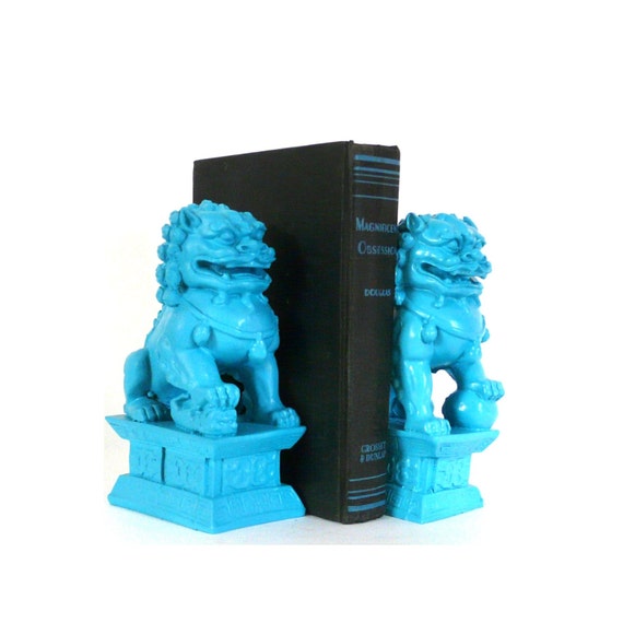 turquoise foo dogs, bookends, asian home decor, bookend, chinese dogs