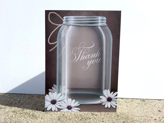 Vintage Mason Jar Thank You Cards PRINTED - 6 to 250 - Folded - White Daisies Brown Il_570xn
