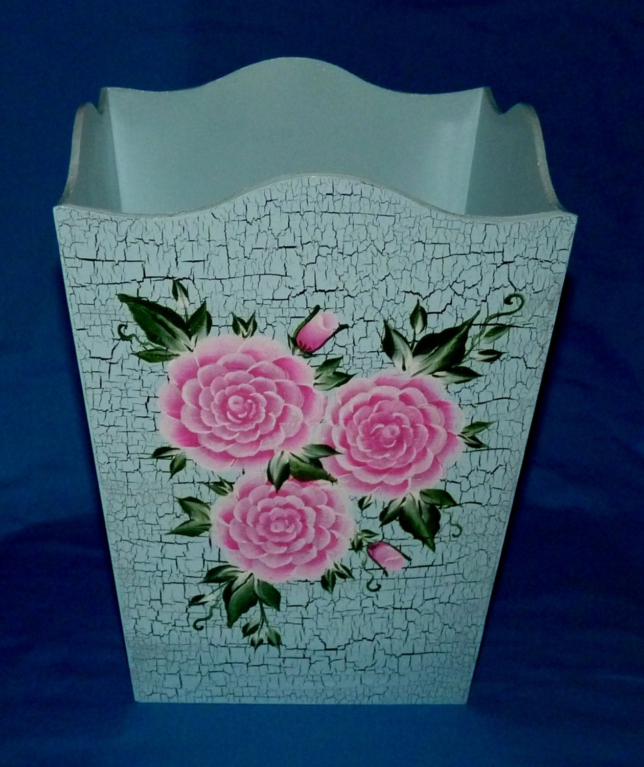 Wood Trash Can Custom Hand Painted Waste Basket Pink Roses Wood Trash Can Custom Hand Painted Waste Basket Pink Roses