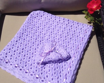 Sweet Very Soft Lilac crochet baby Hat and Receiving blanket set stroller blanket and hat set READY TO SHIP!!