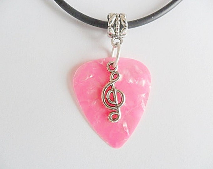 Pink Guitar pick necklace with treble clef charm music note that is adjustable from 18" to 20"