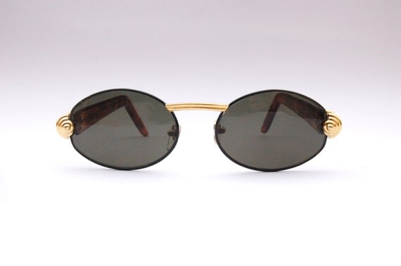 Vintage 90s Round Sunglasses Oval Shades W Gold Tone And 