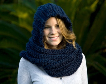 Hooded Scarf, Navy Blue Crochet Pixie Hood Scoodie