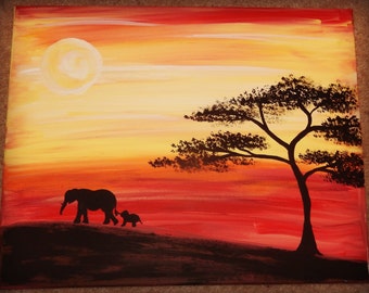 Items similar to Acrylic painting - Lion in African sunset - A4 paper ...