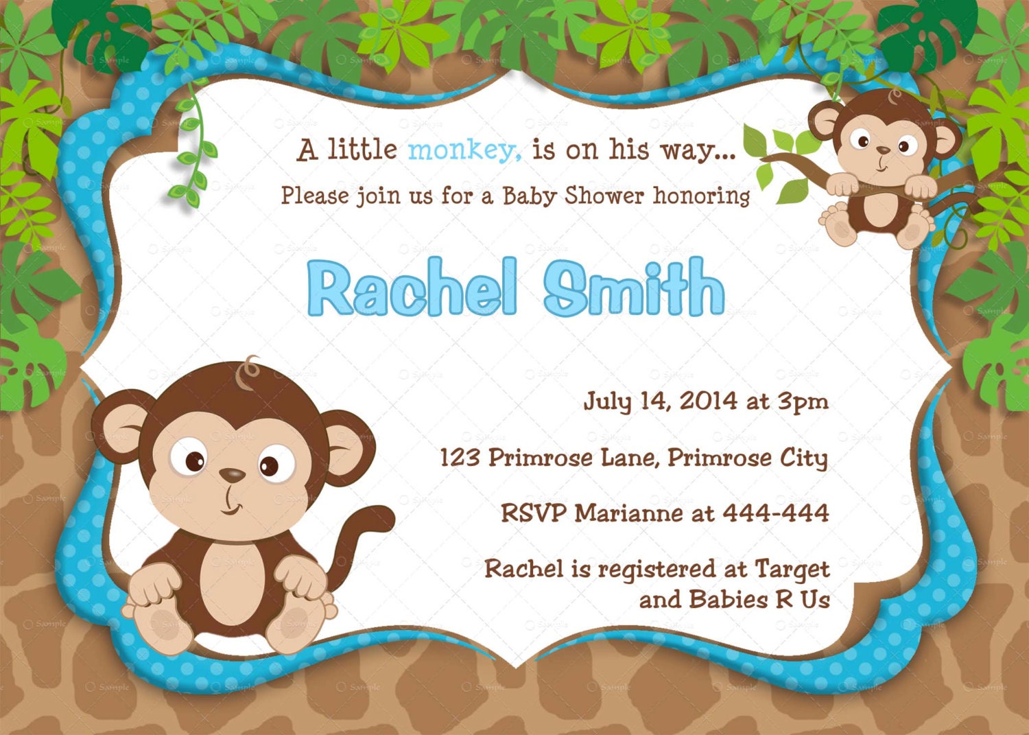 Blue Monkey Boy Baby Shower Invitation and by CuddleBugInvitations