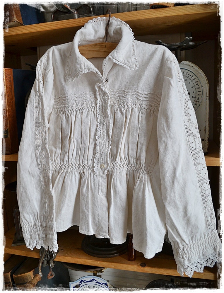 vintage linen shirt Transylvanian linen white work by linenandwood