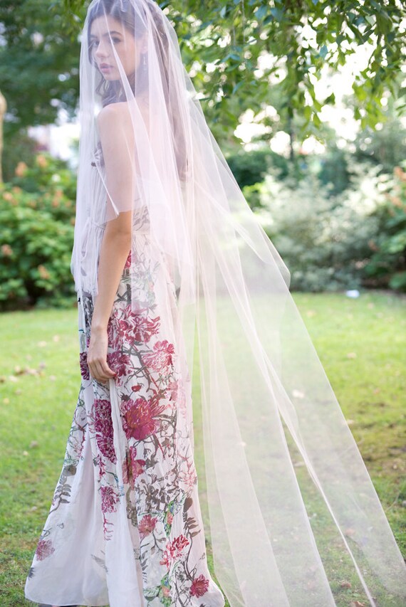 Romantic long Blush Wedding Veil Chapel or Cathedral length