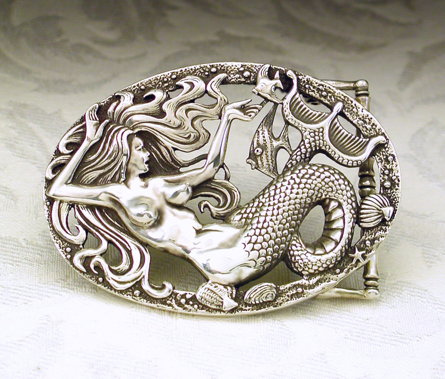 Mermaid Belt Buckle in Solid Sterling Silver 925