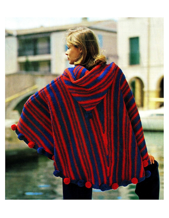 Vintage Knit 70's Knitted "HOODED" Poncho - PDF Pattern ...