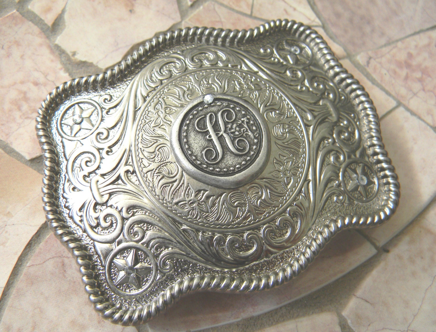 Wax Seal Silver Belt Buckle Initial K Monogram Western Belt