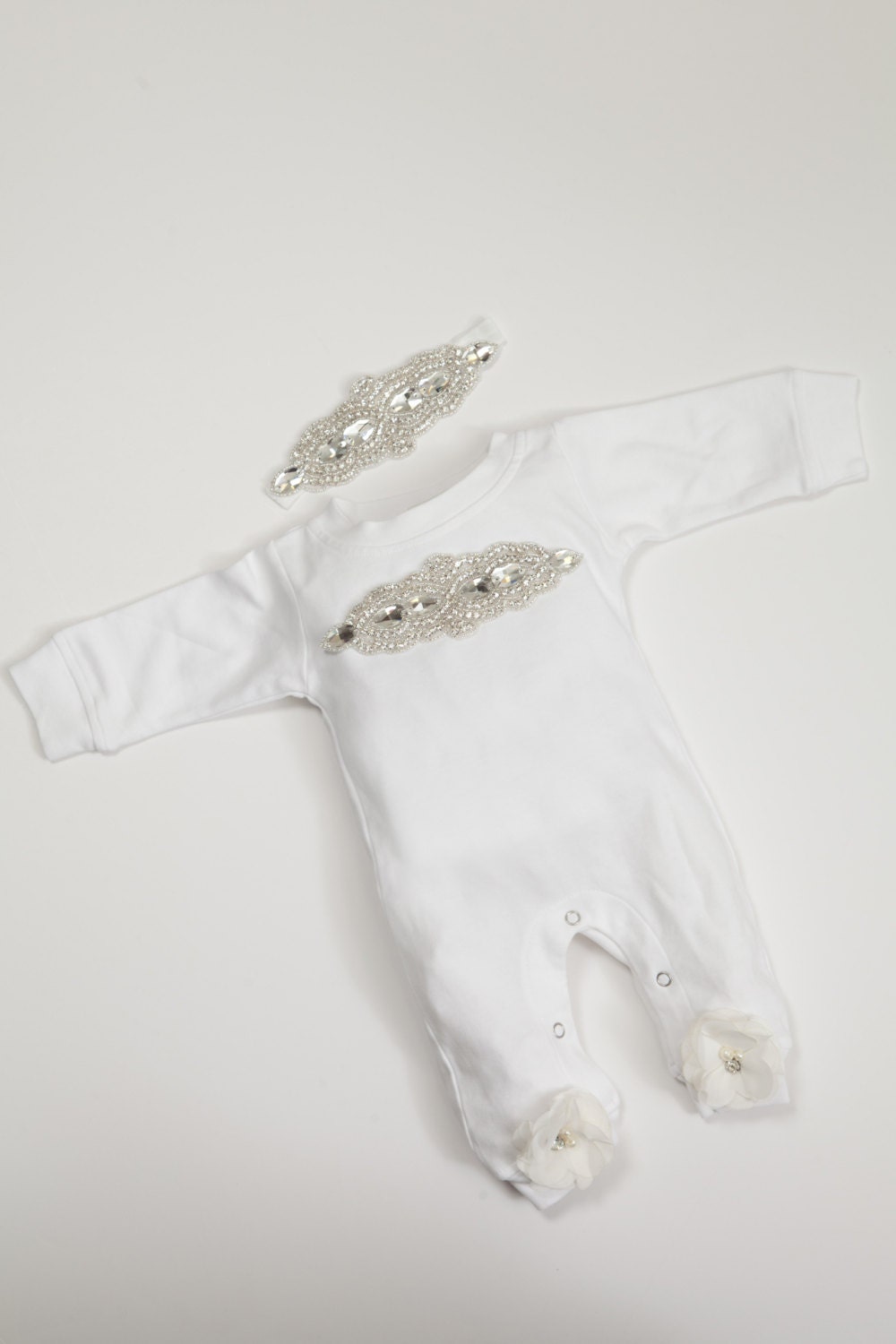 Infant Baby Girl Layette White Cotton One Piece Romper with