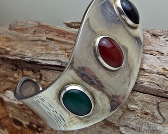 Fabulous Vintage Wave Gemstone 925 Sterling Silver Cuff Bracelet