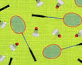 Timeless Treasures fabric Mini BADMINTON Racquets and Birdies on Green