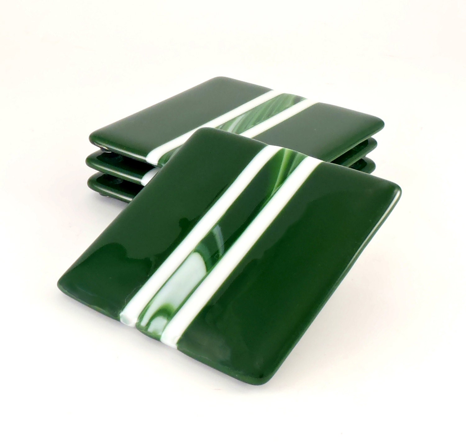 Fused Glass Coasters Emerald Green and White Set by Nostalgianmore