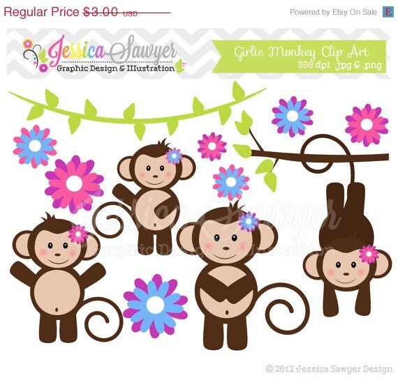 50% OFF - INSTANT DOWNLOAD, girl monkey clip art - jungle clipart - girls birthday graphic - branches image - commercial use - party supply Il_570xn
