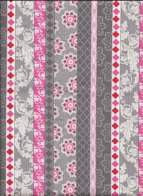 Gray Pink and Red Floral Stripe Fabric by the Yard by RetroModChic