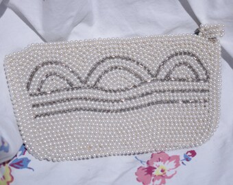 Vintage Evening Bag 1950s Pearl & Beaded w/ Scallops Wedding