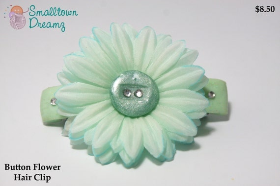 Handmade Sea Green Polymer Clay  Button Flower Hair Clip