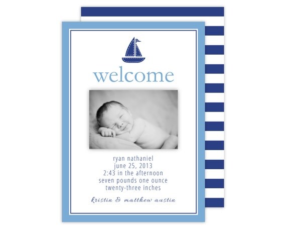 Sailboat Birth Announcement (Nautical Birthday Announcement, Boys Birth Announcement, Nautical Photo Invitation) Il_570xn