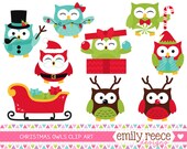 50% OFF - Owls Christmas Santa Elf Reindeer Snowman Cute Clip Art - Commercial Use - Scrapbooking Invitations Cards - Instant Download Il_170x135
