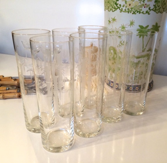 Noritake Sasaki style Crystal Etched Bamboo Tall Glassware