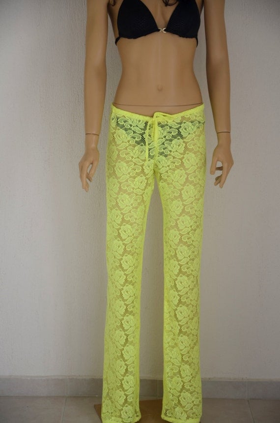 Neon green crochet lace boho beach pant Yoga pant Festival