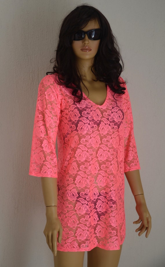 Items similar to Neon pink crochet lace caftan beach cover upCaftan