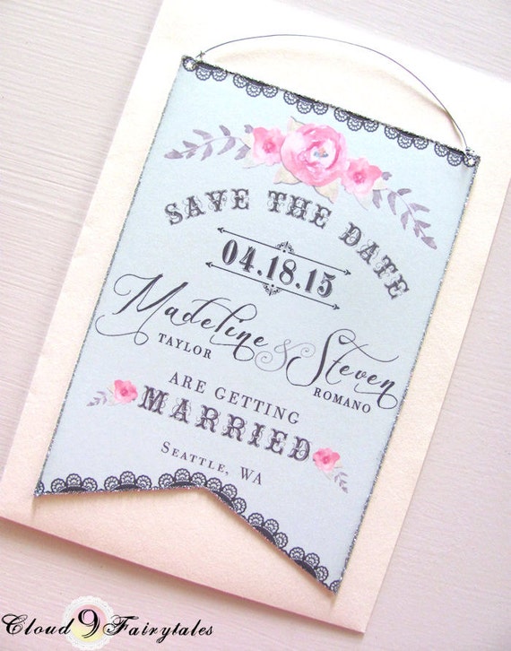 Couture Save the Date Cards Hanging Banner Original Design Wedding Invitation Announcement Blue Gray Pink Silver Glitter Edges