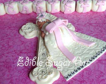 BAPTISM CAKE TOPPER Baby Girl Christening gown Baptism Diamond studded dress communion dress cross baptism Invitations booties cross