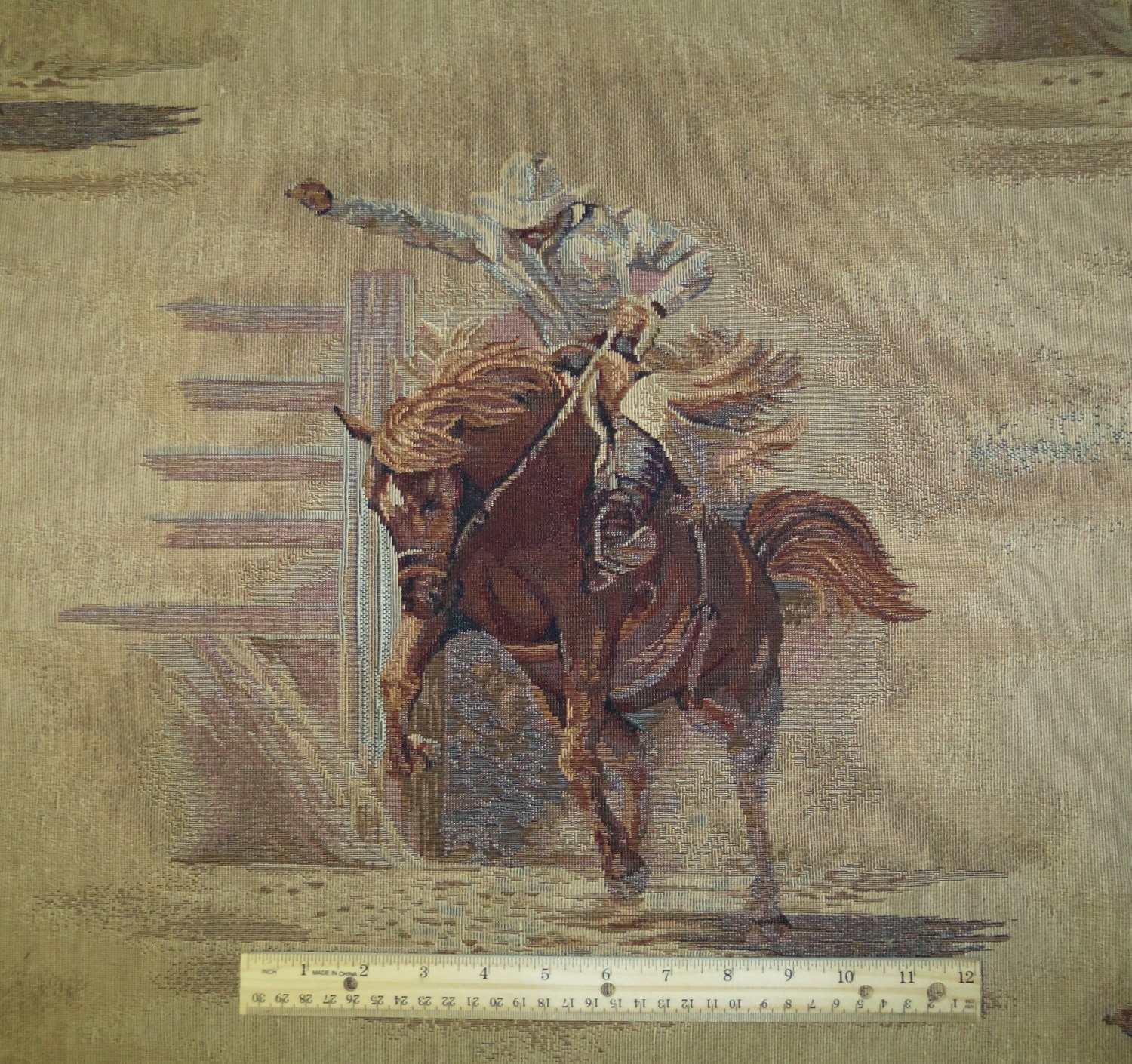 1 Yard Western Tapestry Fabric Cowboy Horse Bronc Bronco 5
