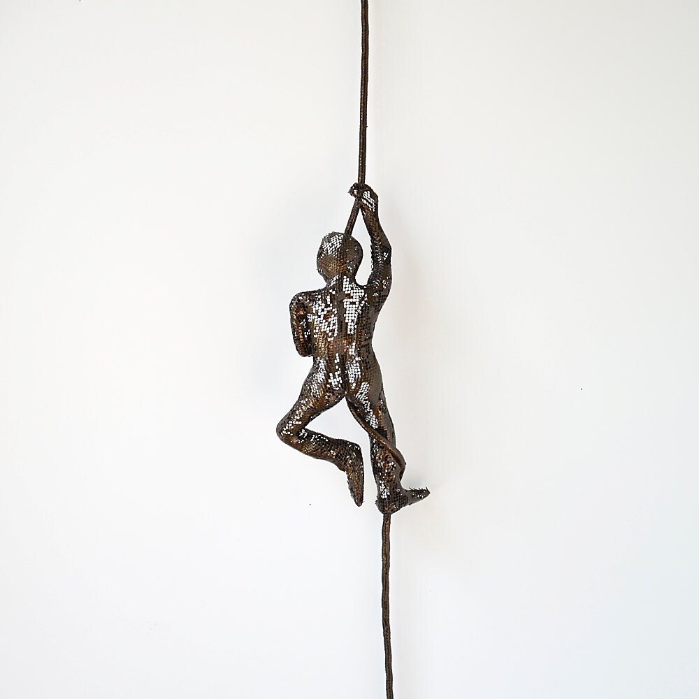 Miniature climbing Figure on rope metal wall art Unique