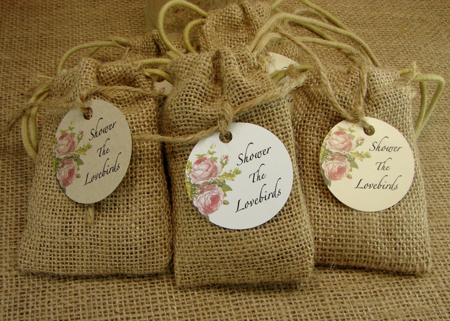 Birdseed Wedding Favors In Natural Burlap Bags With Vintage