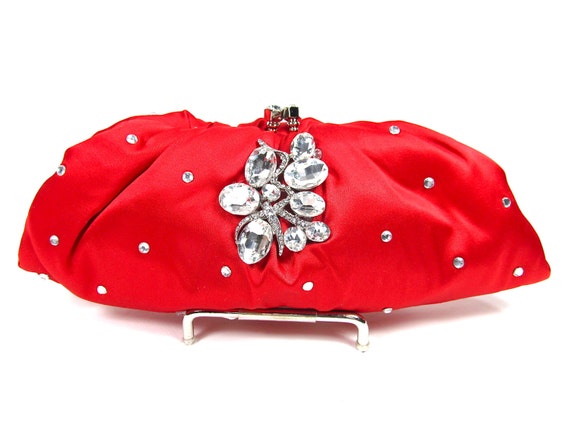Red Satin Crystal Bridal Clutch, Wedding Purse, Bridesmaid Clutch, Formal Evening Bag