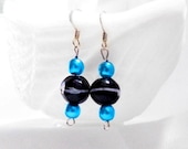 Dangle Earrings, Black and Turqoise, Sea and Sky, Ocean Blue, Glass Pearl, Stocking Stuffer, Gifts under 20, March Birthday, Aquamarine Blue