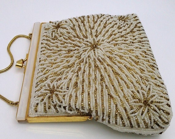 Vintage Hand Beaded Evening Bag By JEM In Ivory And Gold ,Bridal Purse ...